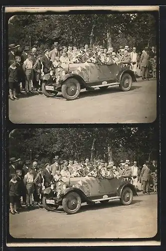 Foto-AK Auto Opel 4 /16 4 /20 1927 /29, Fahrer im geschmückten offenen KFZ bei Parade