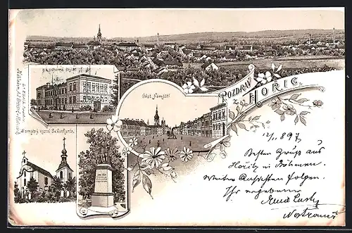 Lithographie Horic, Cast namesti, Ramatny kostel, Panorama