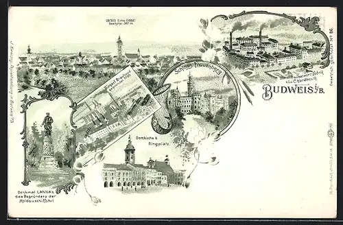 Lithographie Budweis / Ceske Budejovice, Denkmal Lanna`s, Domkirche & Ringplatz, Schloss Frauenberg