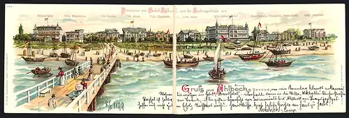 Klapp-Lithographie Ahlbeck, Panorama von Seebad Ahlbeck mit Hotel Ahlbecker Hof von der Landungsbrücke aus