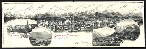 Künstler-Klapp-AK Eugen Felle: Traunstein, Panorama und Siegsdorf, Ruhpolding, Bergen mit Hockfelln