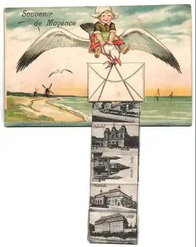 Leporello-AK Mainz, Möwe mit Ansichten hinterm Brief, Bahnhof, Stadthalle, Schloss