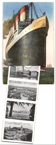 Leporello-AK Hamburg, Ansichten hinterm Passagierdampfer, Rathaus, Binnenalster, Chile- und Ballinhaus
