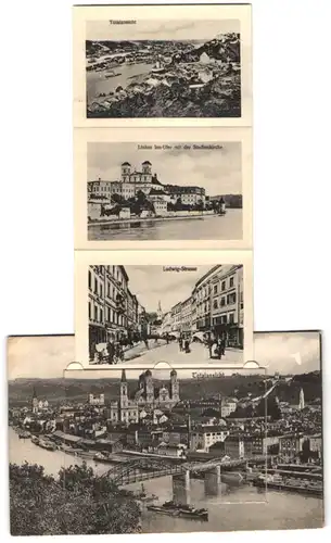 Leporello-AK Passau, Gesamtansicht mit Dampfer, Ludwig-Strasse, Partie an der alten Stadtmauer, Amtsgericht u. Residenz