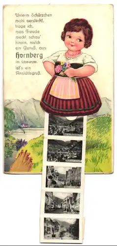 Leporello-AK Hornberg, Kleines Mädchen mit Ansichten unter dem Rock, Strasse, Gauschule