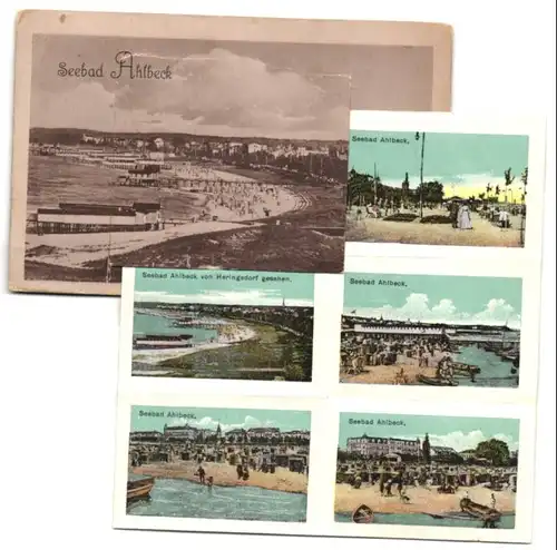 Leporello-AK Ahlbeck, Blick auf Strandbad, Gäste am Strand, Strassenpartie zum Wasser