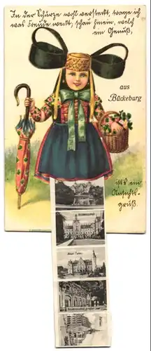 Leporello-AK Bückeburg, Mädchen in Tracht, Schloss, Neues Palais, Schlossgarten, Hofkammer