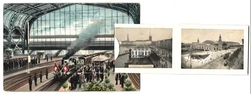 Leporello-AK Hamburg, Hauptbahnhof mit Einfahrt des ersten Zuges, Bismarck-Denkmal, Hafen mit Riesenkrahn