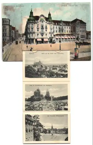 Leporello-AK Erfurt, Bahnhofstrasse und Erfurter Hof, Litfasssäule, Kaiserplatz mit Denkmal, Bismarckturm