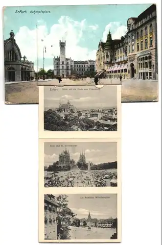 Leporello-AK Erfurt, Bahnhofsplatz mit Restaurant, Dom u. St. Severikirche, Kaiserplatz, Steigerstrasse