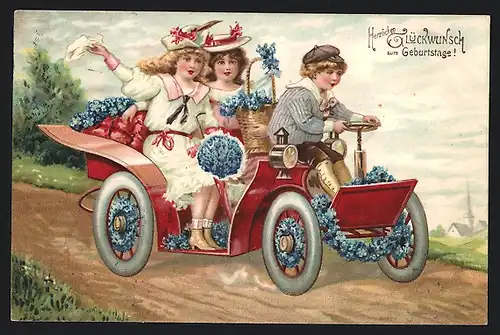 AK Junger Mann und zwei Frauen mit Blumenkorb im Auto, Glückwunsch