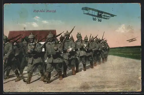AK Soldaten auf dem Marsch, Doppeldecker-Flugzeug