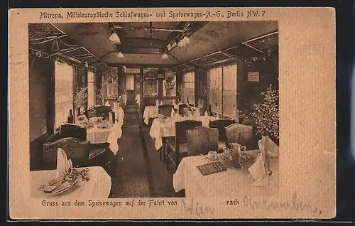 AK Mitropa, Mitteleuropäische Schlafwagen- und Speisewagen AG, Innenansicht eines Speisewagen