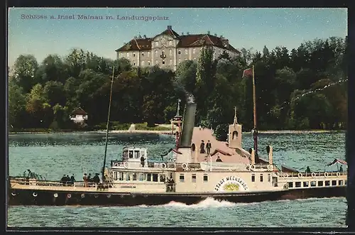 AK Mainau /Bodensee, Schloss u. Insel mit Landungsplatz und Dampfer Stadt Meersburg