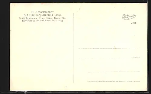 AK Dampfer Deutschland der Hamburg-Amerika Linie