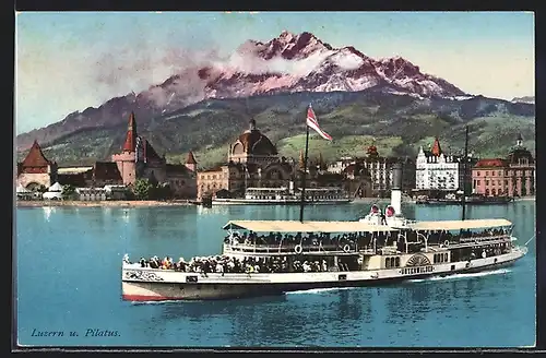 AK Luzern, Dampfer Unterwalden mit Blick zum Pilatus