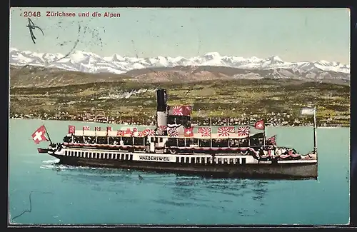 AK Dampfer Waedensweil auf dem Zürichsee, schweizer Flagge, Alpen