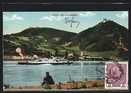 AK Wien, Kahlenberg, Ortsansicht mit Dampfer