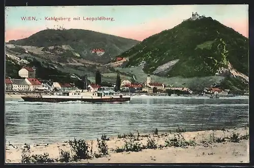 AK Wien, Kahlenberg mit Leopoldiberg und Dampfern