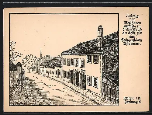 Künstler-AK Wien, Probusgassse 6, Haus des Beethoven-Aufenthalts 1802, Strassenpartie