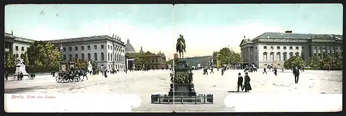 Klapp-AK Berlin, Unter den Linden mit Reiterstandbild, Pferdekutsche und Passanten