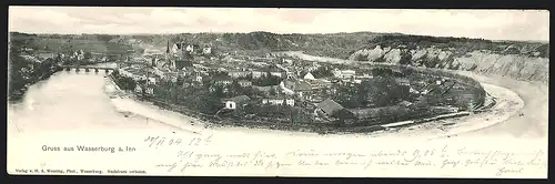 Klapp-AK Wasserburg a. Inn, Panorama des Ortes mit Brücke