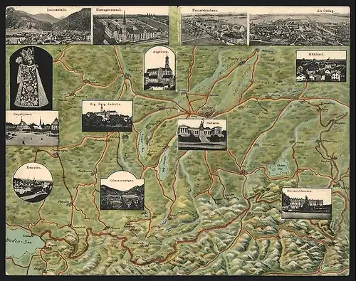 Klapp-AK München, Landkarte der Region mit Sehenswürdigkeiten