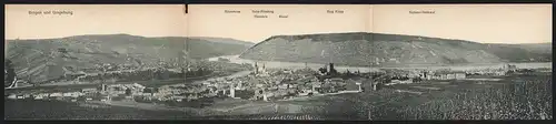 Klapp-AK Bingen, Panorama mit Mäuseturm, Nahe-Mündung, Rossel, Burg Klopp, National-Denkmal