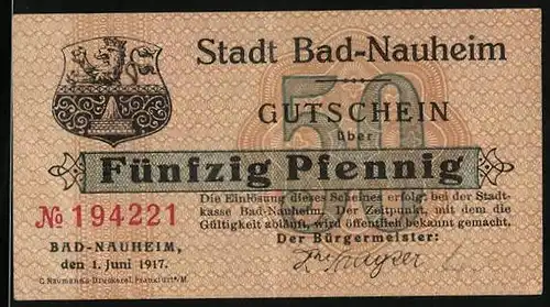Notgeld Bad-Nauheim 1917, 50 Pfennig, Wappen mit Greif und Krone