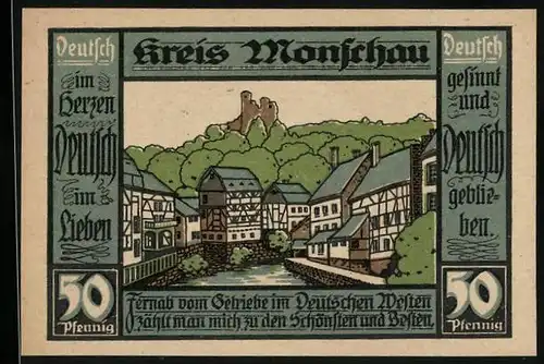 Notgeld Monschau 1921, 50 Pfennig, Wasserpartie mit Fachwerkshäusern