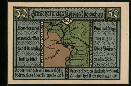 Notgeld Monschau 1921, 50 Pfennig, Landkarte mit Umgebung