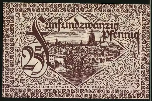 Notgeld Frankfurt am Main 1919, 25 Pfennig, Wappen, Ortsansicht mit Brücke