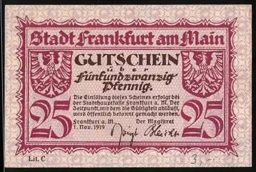 Notgeld Frankfurt am Main 1919, 25 Pfennig, Wappen, Ansicht der Stadt mit Brücke