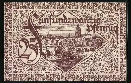 Notgeld Frankfurt am Main 1919, 25 Pfennig, Wappen, Ansicht der Stadt mit Brücke