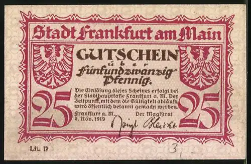 Notgeld Frankfurt am Main 1919, 25 Pfennig, Brücke in den Ort