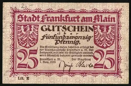 Notgeld Frankfurt am Main 1919, 25 Pfennig, Ortsansicht mit Kirche, Wappen