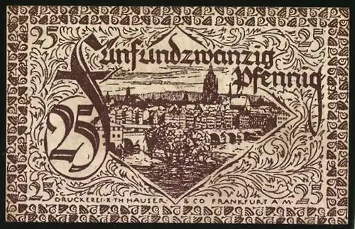 Notgeld Frankfurt am Main 1919, 25 Pfennig, Ortsansicht mit Kirche, Wappen