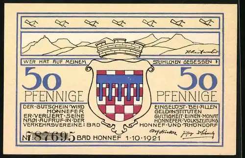 Notgeld Bad Honnef am Rhein 1921, 50 Pfennig, Wappen, Ortsansicht im Winter