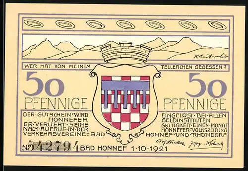 Notgeld Bad Honnef 1921, 50 Pfennig, Wappen, Strassenpartie vor dem Ort