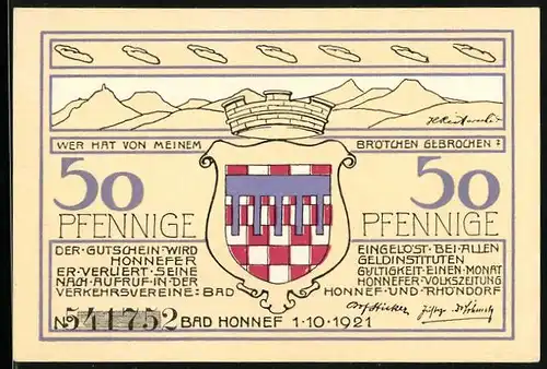 Notgeld Bad Honnef 1921, 50 Pfennig, Wappen, Ortsansicht mit Kirche