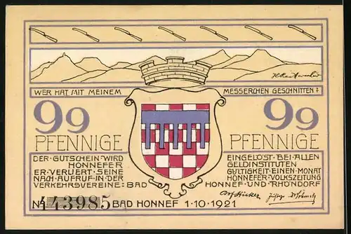 Notgeld Bad Honnef am Rhein 1921, 99 Pfennig, Karl Simrods Haus, Wappen