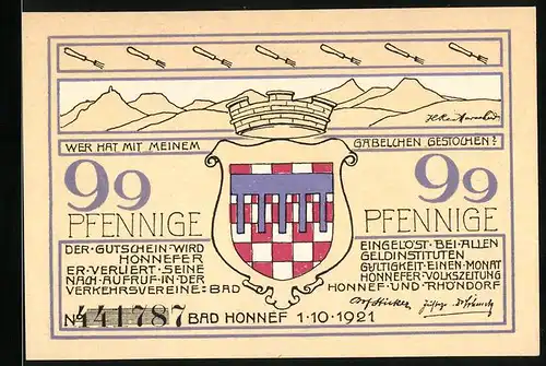 Notgeld Bad Honnef 1921, 99 Pfennig, Wappen, Strassenpartie mit Kirche