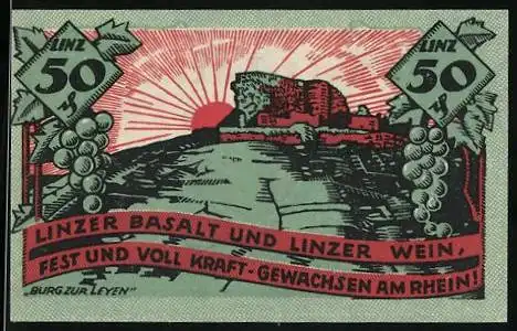 Notgeld Linz a. Rh. 1919, 50 Pfennig, Burg zur Leyen, Wappen
