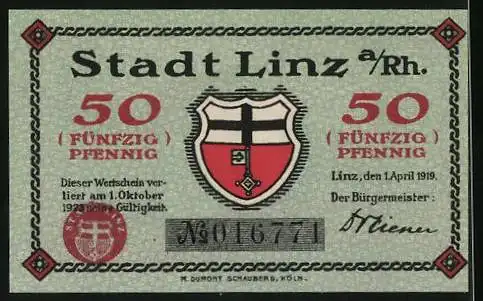Notgeld Linz a. Rh. 1919, 50 Pfennig, Burg zur Leyen, Wappen