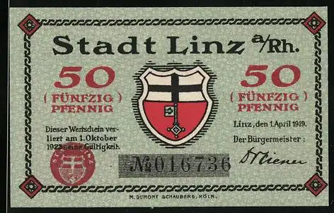 Notgeld Linz a. Rh. 1919, 50 Pfennig, Wappen, Burg zur Leyen bei Sonnenaufgang