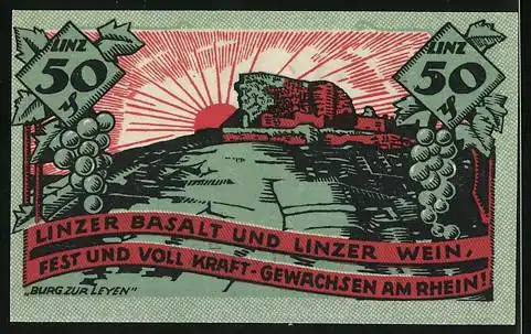 Notgeld Linz a. Rh. 1919, 50 Pfennig, Wappen, Burg zur Leyen bei Sonnenaufgang