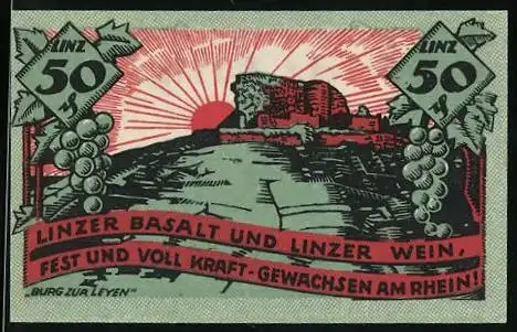 Notgeld Linz a. Rh. 1919, 50 Pfennig, Burg zur Leyen, Weintrauben, Wappen