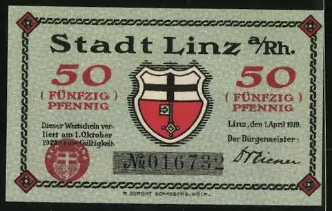 Notgeld Linz a. Rh. 1919, 50 Pfennig, Burg zur Leyen, Weintrauben, Wappen