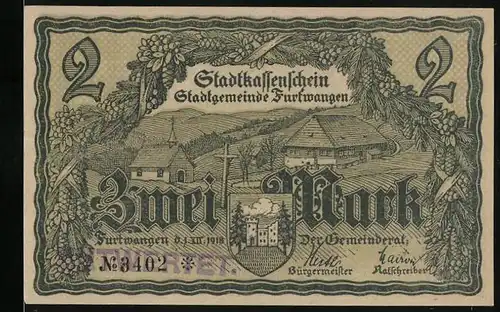 Notgeld Furtwangen 1918, 2 Mark, Kirche, Wappen, Frau beim Stricken