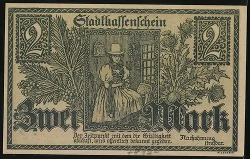 Notgeld Furtwangen 1918, 2 Mark, Kirche, Wappen, Frau beim Stricken